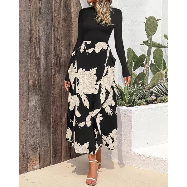 BTFBM Womens Fall Fashion 2024 Floral Maxi Dress Casual Crewneck Long Sleeve Ruffle Flowy Cocktail Wedding Guest DressesWhite Floral Black