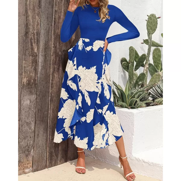 BTFBM Womens Fall Fashion 2024 Floral Maxi Dress Casual Crewneck Long Sleeve Ruffle Flowy Cocktail Wedding Guest DressesWhite Floral Bright Blue