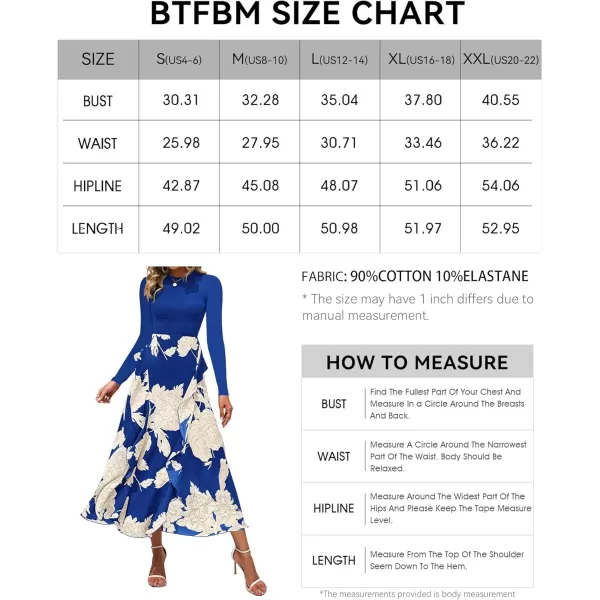 BTFBM Womens Fall Fashion 2024 Floral Maxi Dress Casual Crewneck Long Sleeve Ruffle Flowy Cocktail Wedding Guest DressesWhite Floral Bright Blue