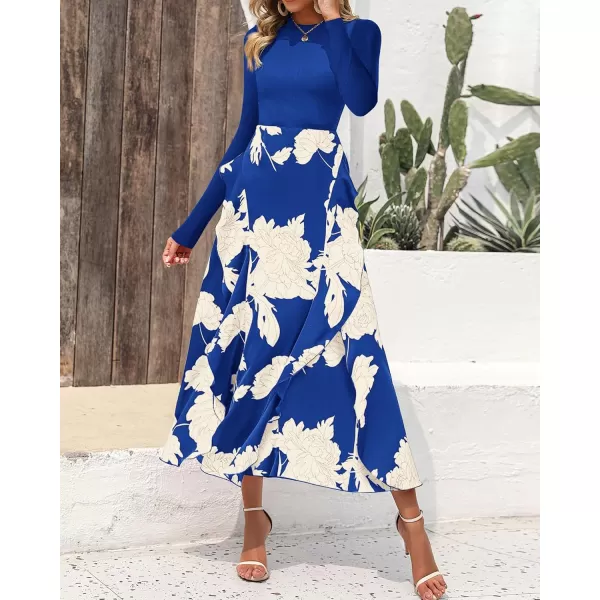 BTFBM Womens Fall Fashion 2024 Floral Maxi Dress Casual Crewneck Long Sleeve Ruffle Flowy Cocktail Wedding Guest DressesWhite Floral Bright Blue