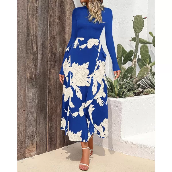 BTFBM Womens Fall Fashion 2024 Floral Maxi Dress Casual Crewneck Long Sleeve Ruffle Flowy Cocktail Wedding Guest DressesWhite Floral Bright Blue