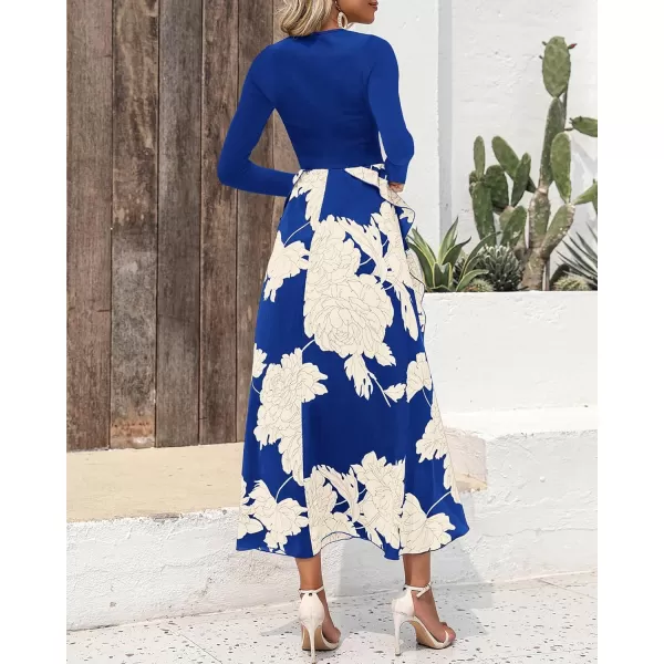 BTFBM Womens Fall Fashion 2024 Floral Maxi Dress Casual Crewneck Long Sleeve Ruffle Flowy Cocktail Wedding Guest DressesWhite Floral Bright Blue