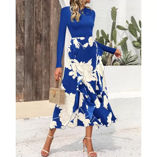 BTFBM Womens Fall Fashion 2024 Floral Maxi Dress Casual Crewneck Long Sleeve Ruffle Flowy Cocktail Wedding Guest DressesWhite Floral Bright Blue
