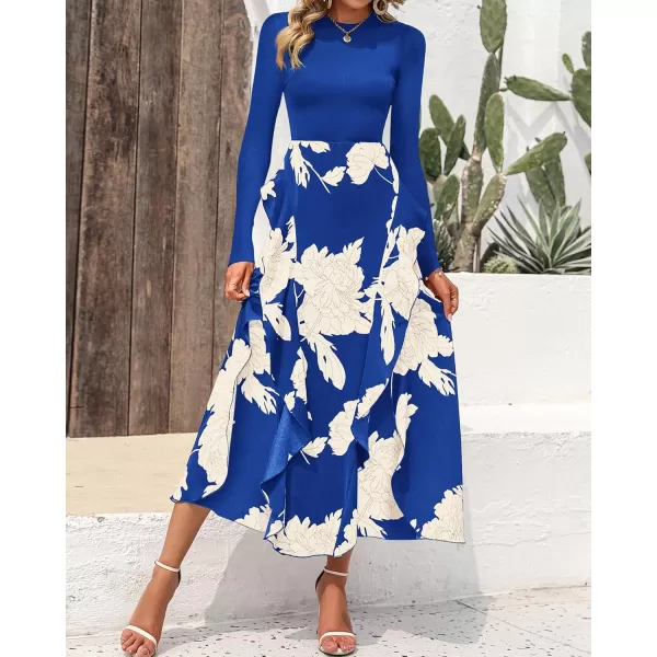 BTFBM Womens Fall Fashion 2024 Floral Maxi Dress Casual Crewneck Long Sleeve Ruffle Flowy Cocktail Wedding Guest DressesWhite Floral Bright Blue