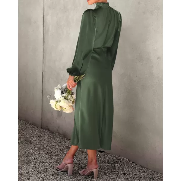 BTFBM Womens Mock Neck Satin Dress Elegant Long Sleeve Elastic High Waist Formal Wedding Cocktail Party Maxi DressesSolid Army Green