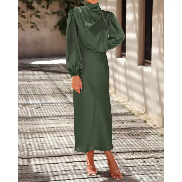BTFBM Womens Mock Neck Satin Dress Elegant Long Sleeve Elastic High Waist Formal Wedding Cocktail Party Maxi DressesSolid Army Green