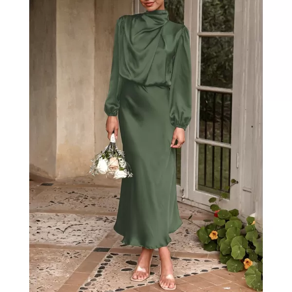 BTFBM Womens Mock Neck Satin Dress Elegant Long Sleeve Elastic High Waist Formal Wedding Cocktail Party Maxi DressesSolid Army Green