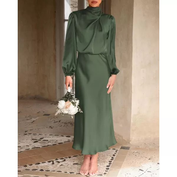 BTFBM Womens Mock Neck Satin Dress Elegant Long Sleeve Elastic High Waist Formal Wedding Cocktail Party Maxi DressesSolid Army Green