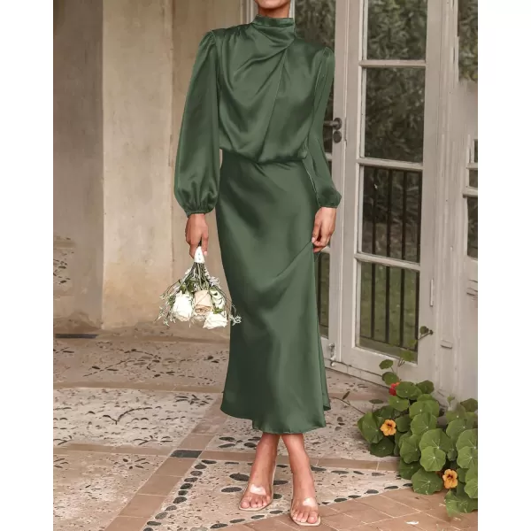 BTFBM Womens Mock Neck Satin Dress Elegant Long Sleeve Elastic High Waist Formal Wedding Cocktail Party Maxi DressesSolid Army Green