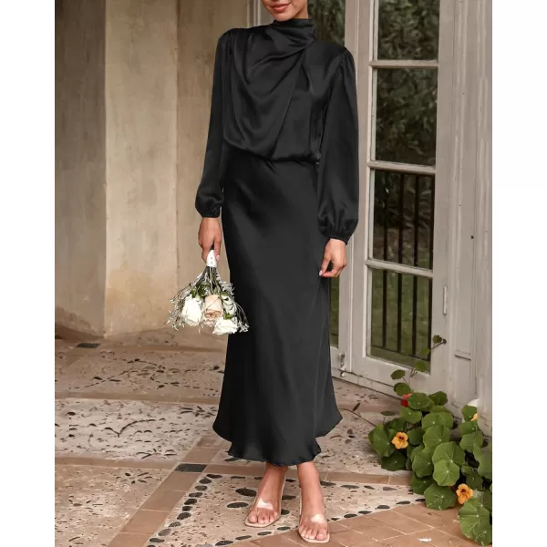BTFBM Womens Mock Neck Satin Dress Elegant Long Sleeve Elastic High Waist Formal Wedding Cocktail Party Maxi DressesSolid Black