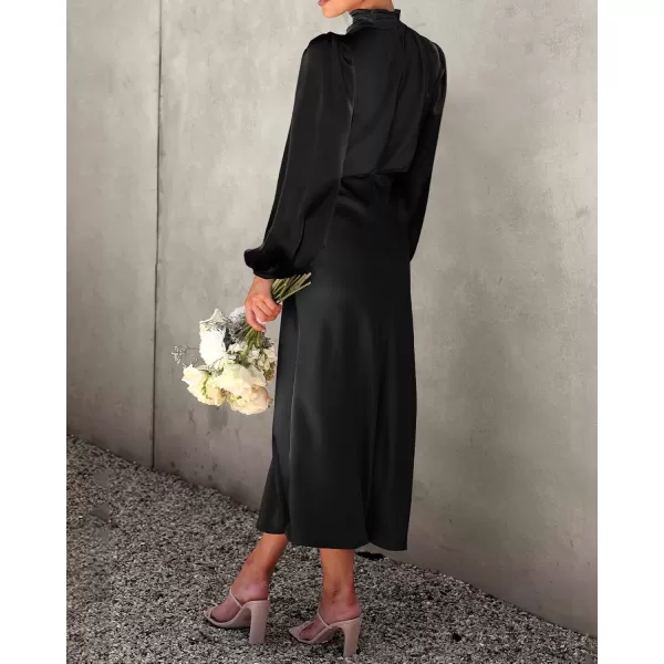 BTFBM Womens Mock Neck Satin Dress Elegant Long Sleeve Elastic High Waist Formal Wedding Cocktail Party Maxi DressesSolid Black