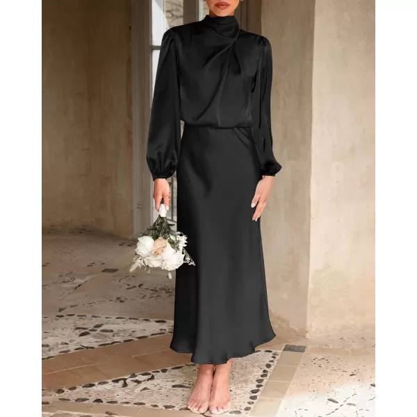 BTFBM Womens Mock Neck Satin Dress Elegant Long Sleeve Elastic High Waist Formal Wedding Cocktail Party Maxi DressesSolid Black