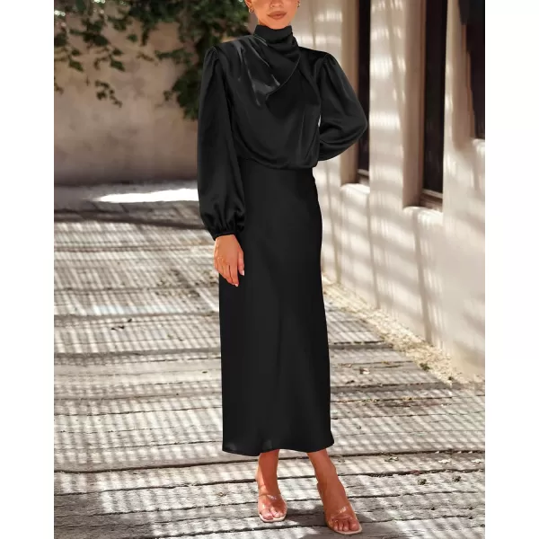 BTFBM Womens Mock Neck Satin Dress Elegant Long Sleeve Elastic High Waist Formal Wedding Cocktail Party Maxi DressesSolid Black