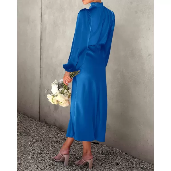 BTFBM Womens Mock Neck Satin Dress Elegant Long Sleeve Elastic High Waist Formal Wedding Cocktail Party Maxi DressesSolid Brilliant Blue