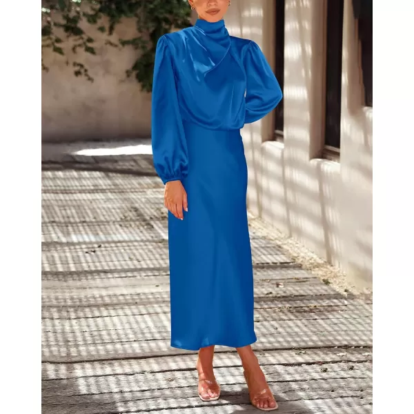 BTFBM Womens Mock Neck Satin Dress Elegant Long Sleeve Elastic High Waist Formal Wedding Cocktail Party Maxi DressesSolid Brilliant Blue