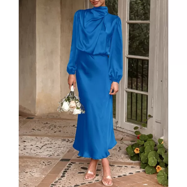 BTFBM Womens Mock Neck Satin Dress Elegant Long Sleeve Elastic High Waist Formal Wedding Cocktail Party Maxi DressesSolid Brilliant Blue