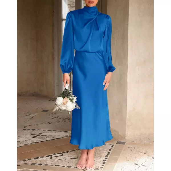 BTFBM Womens Mock Neck Satin Dress Elegant Long Sleeve Elastic High Waist Formal Wedding Cocktail Party Maxi DressesSolid Brilliant Blue