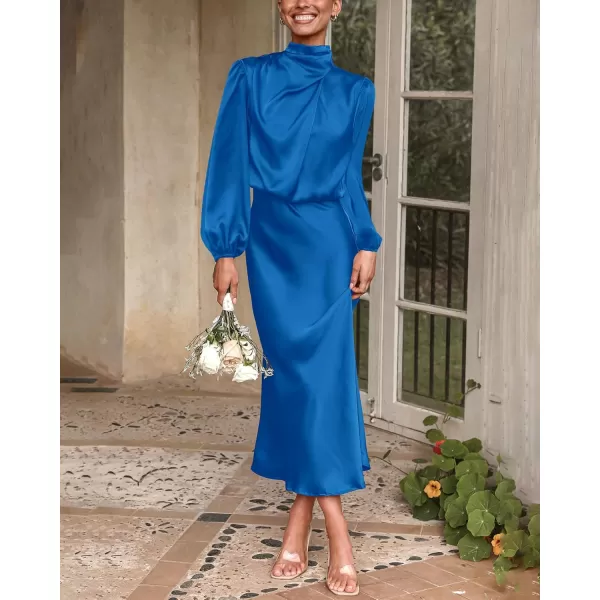 BTFBM Womens Mock Neck Satin Dress Elegant Long Sleeve Elastic High Waist Formal Wedding Cocktail Party Maxi DressesSolid Brilliant Blue