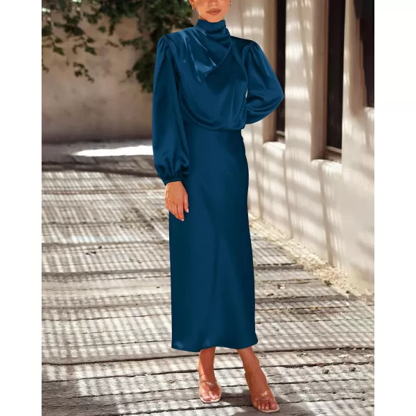 BTFBM Womens Mock Neck Satin Dress Elegant Long Sleeve Elastic High Waist Formal Wedding Cocktail Party Maxi DressesSolid Dark Blue