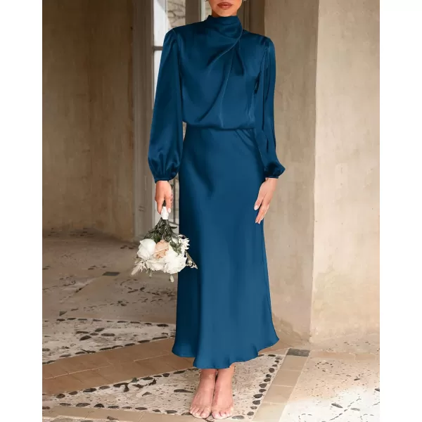 BTFBM Womens Mock Neck Satin Dress Elegant Long Sleeve Elastic High Waist Formal Wedding Cocktail Party Maxi DressesSolid Dark Blue