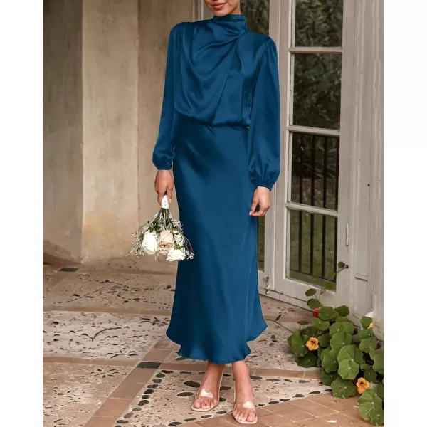 BTFBM Womens Mock Neck Satin Dress Elegant Long Sleeve Elastic High Waist Formal Wedding Cocktail Party Maxi DressesSolid Dark Blue