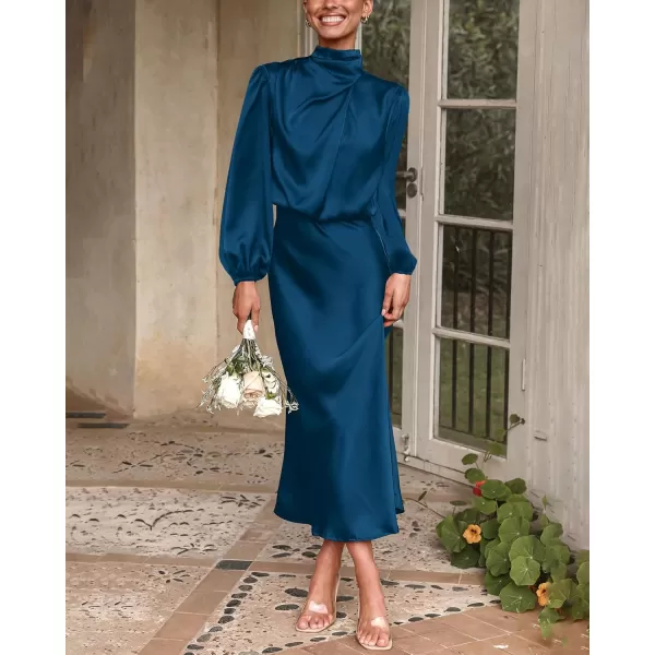 BTFBM Womens Mock Neck Satin Dress Elegant Long Sleeve Elastic High Waist Formal Wedding Cocktail Party Maxi DressesSolid Dark Blue