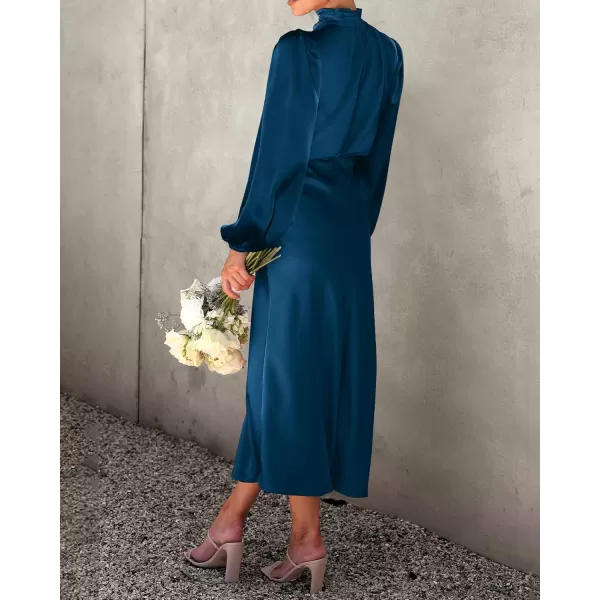 BTFBM Womens Mock Neck Satin Dress Elegant Long Sleeve Elastic High Waist Formal Wedding Cocktail Party Maxi DressesSolid Dark Blue