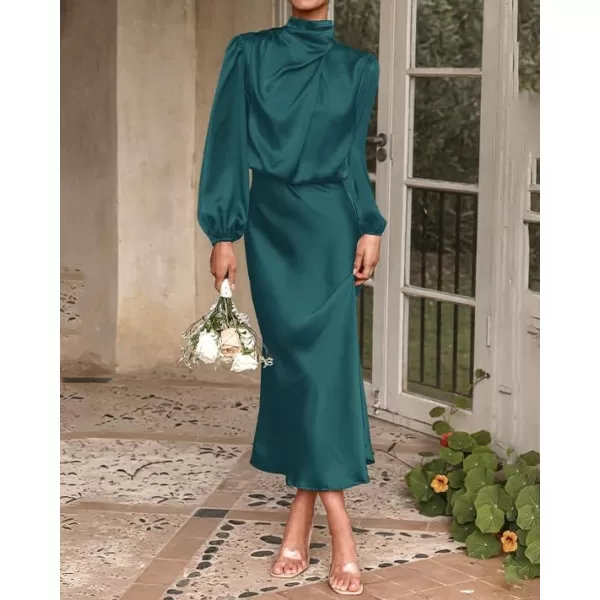 BTFBM Womens Mock Neck Satin Dress Elegant Long Sleeve Elastic High Waist Formal Wedding Cocktail Party Maxi DressesSolid Dark Green