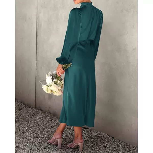 BTFBM Womens Mock Neck Satin Dress Elegant Long Sleeve Elastic High Waist Formal Wedding Cocktail Party Maxi DressesSolid Dark Green