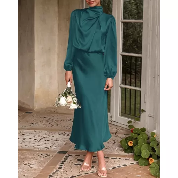 BTFBM Womens Mock Neck Satin Dress Elegant Long Sleeve Elastic High Waist Formal Wedding Cocktail Party Maxi DressesSolid Dark Green