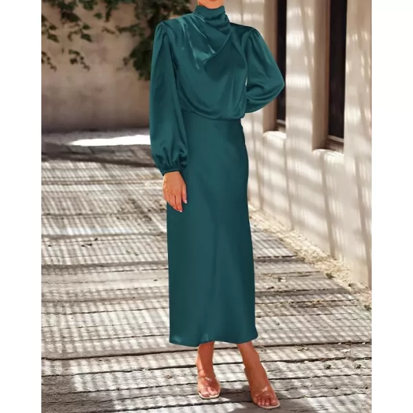 BTFBM Womens Mock Neck Satin Dress Elegant Long Sleeve Elastic High Waist Formal Wedding Cocktail Party Maxi DressesSolid Dark Green