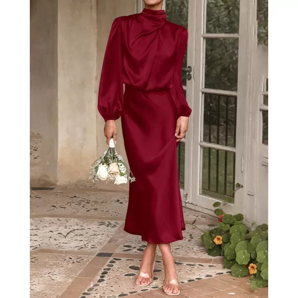 BTFBM Womens Mock Neck Satin Dress Elegant Long Sleeve Elastic High Waist Formal Wedding Cocktail Party Maxi DressesSolid Deep Red