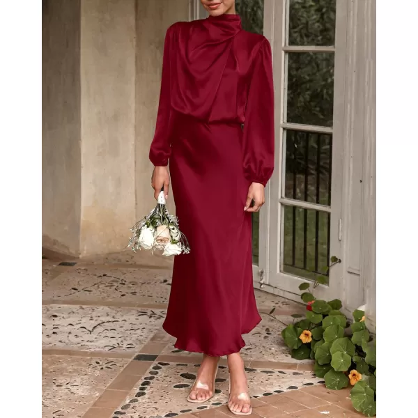 BTFBM Womens Mock Neck Satin Dress Elegant Long Sleeve Elastic High Waist Formal Wedding Cocktail Party Maxi DressesSolid Deep Red