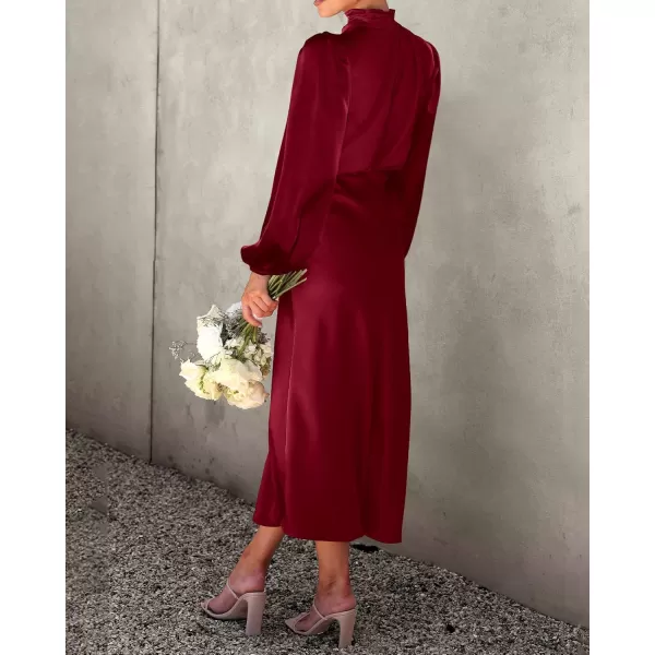 BTFBM Womens Mock Neck Satin Dress Elegant Long Sleeve Elastic High Waist Formal Wedding Cocktail Party Maxi DressesSolid Deep Red