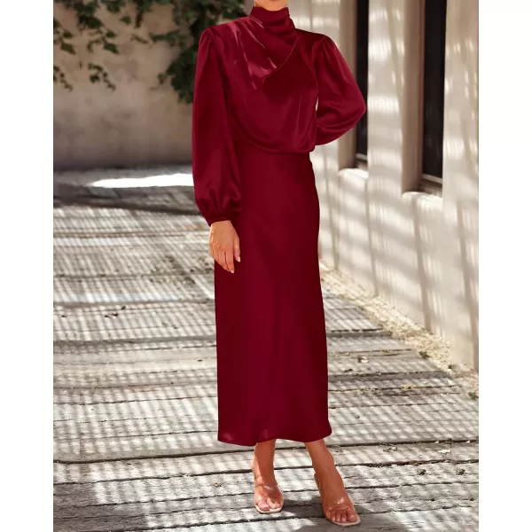 BTFBM Womens Mock Neck Satin Dress Elegant Long Sleeve Elastic High Waist Formal Wedding Cocktail Party Maxi DressesSolid Deep Red