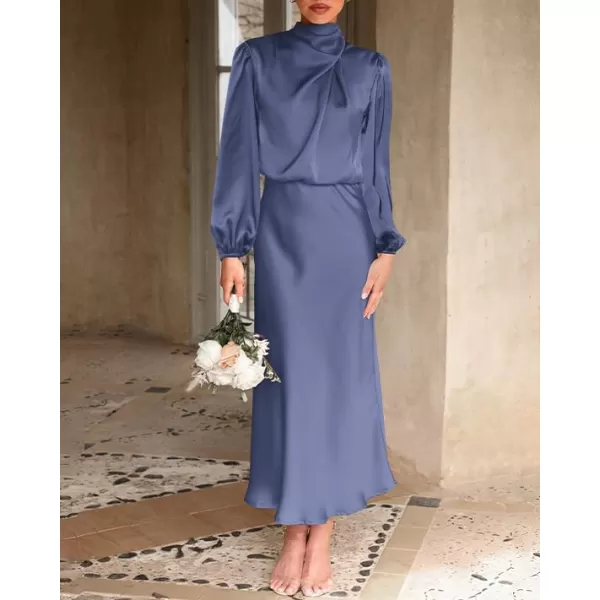 BTFBM Womens Mock Neck Satin Dress Elegant Long Sleeve Elastic High Waist Formal Wedding Cocktail Party Maxi DressesSolid Grey Blue