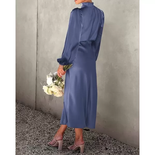 BTFBM Womens Mock Neck Satin Dress Elegant Long Sleeve Elastic High Waist Formal Wedding Cocktail Party Maxi DressesSolid Grey Blue