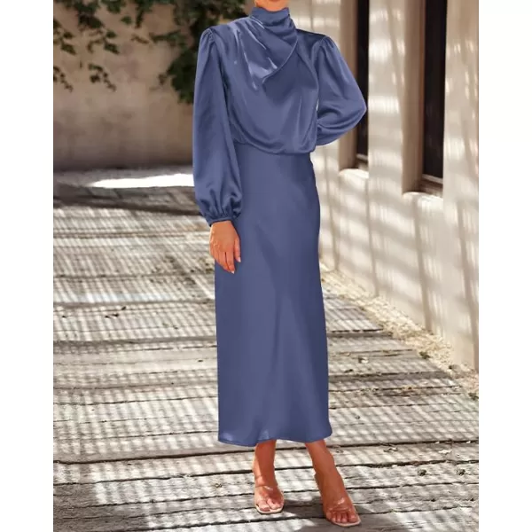 BTFBM Womens Mock Neck Satin Dress Elegant Long Sleeve Elastic High Waist Formal Wedding Cocktail Party Maxi DressesSolid Grey Blue