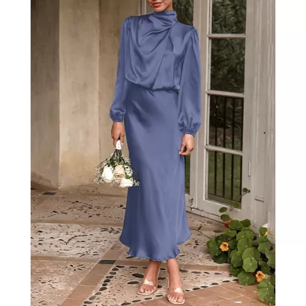 BTFBM Womens Mock Neck Satin Dress Elegant Long Sleeve Elastic High Waist Formal Wedding Cocktail Party Maxi DressesSolid Grey Blue