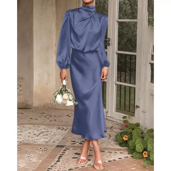 BTFBM Womens Mock Neck Satin Dress Elegant Long Sleeve Elastic High Waist Formal Wedding Cocktail Party Maxi DressesSolid Grey Blue
