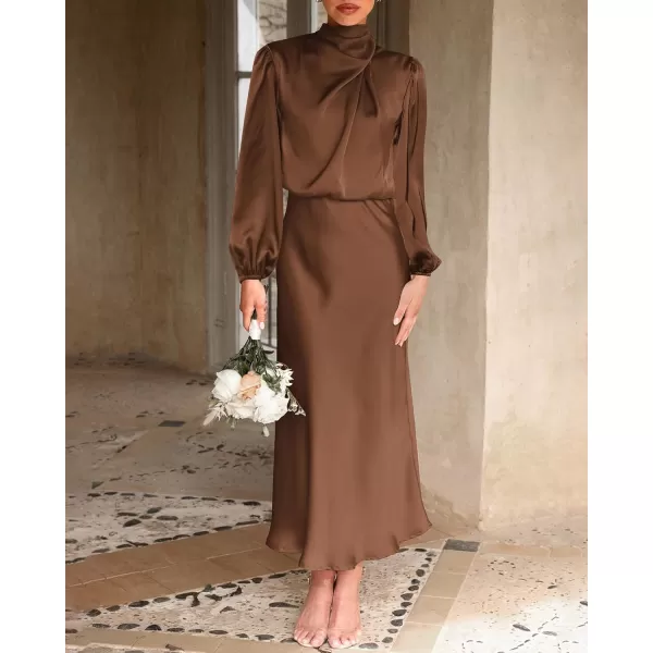 BTFBM Womens Mock Neck Satin Dress Elegant Long Sleeve Elastic High Waist Formal Wedding Cocktail Party Maxi DressesSolid Khaki