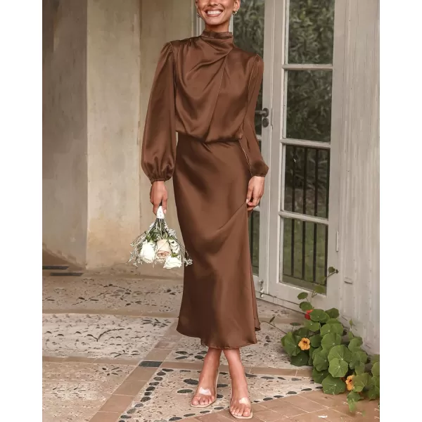 BTFBM Womens Mock Neck Satin Dress Elegant Long Sleeve Elastic High Waist Formal Wedding Cocktail Party Maxi DressesSolid Khaki