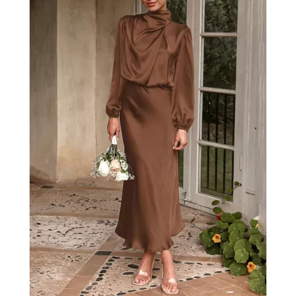 BTFBM Womens Mock Neck Satin Dress Elegant Long Sleeve Elastic High Waist Formal Wedding Cocktail Party Maxi DressesSolid Khaki