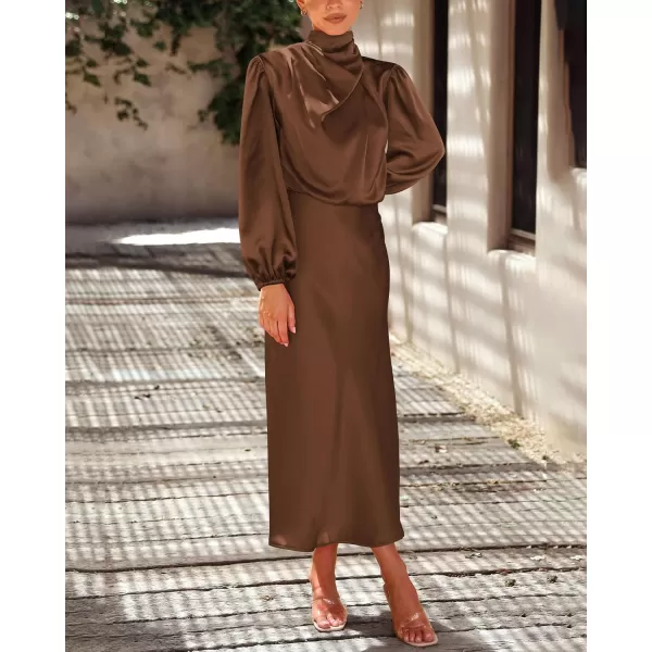 BTFBM Womens Mock Neck Satin Dress Elegant Long Sleeve Elastic High Waist Formal Wedding Cocktail Party Maxi DressesSolid Khaki