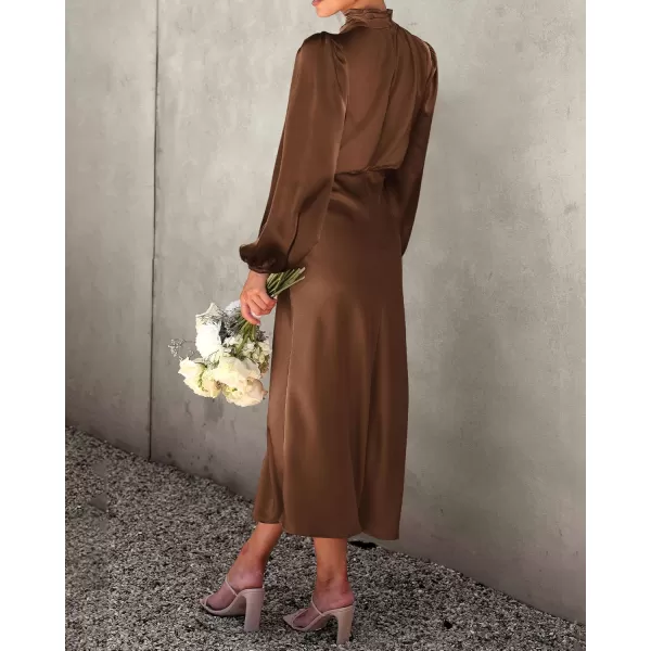 BTFBM Womens Mock Neck Satin Dress Elegant Long Sleeve Elastic High Waist Formal Wedding Cocktail Party Maxi DressesSolid Khaki
