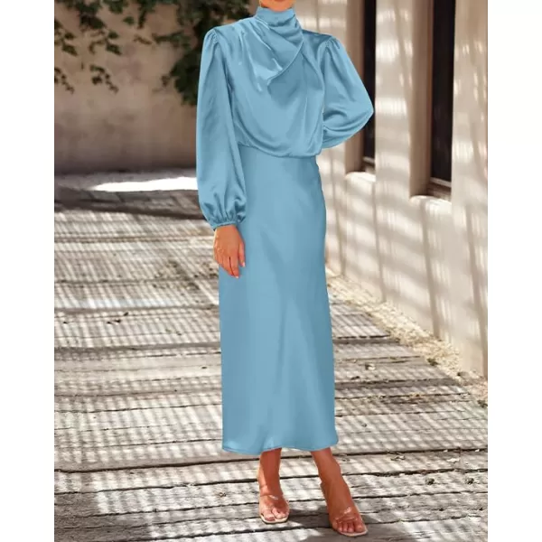 BTFBM Womens Mock Neck Satin Dress Elegant Long Sleeve Elastic High Waist Formal Wedding Cocktail Party Maxi DressesSolid Light Blue