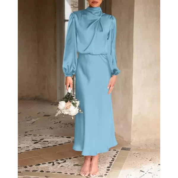 BTFBM Womens Mock Neck Satin Dress Elegant Long Sleeve Elastic High Waist Formal Wedding Cocktail Party Maxi DressesSolid Light Blue