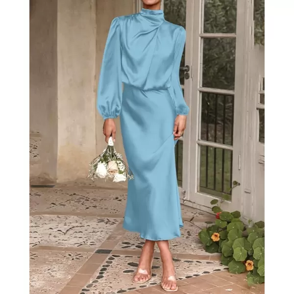 BTFBM Womens Mock Neck Satin Dress Elegant Long Sleeve Elastic High Waist Formal Wedding Cocktail Party Maxi DressesSolid Light Blue