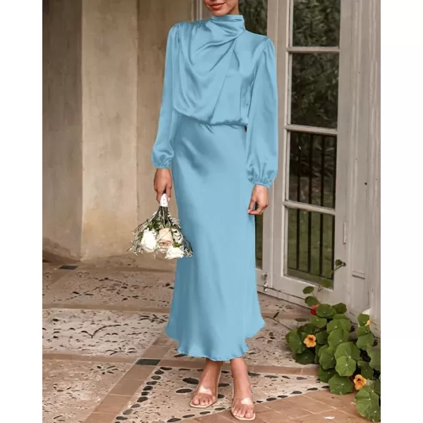BTFBM Womens Mock Neck Satin Dress Elegant Long Sleeve Elastic High Waist Formal Wedding Cocktail Party Maxi DressesSolid Light Blue