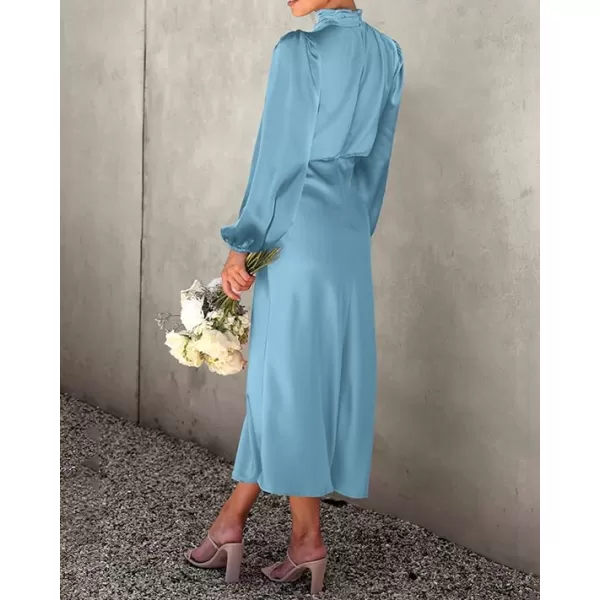 BTFBM Womens Mock Neck Satin Dress Elegant Long Sleeve Elastic High Waist Formal Wedding Cocktail Party Maxi DressesSolid Light Blue